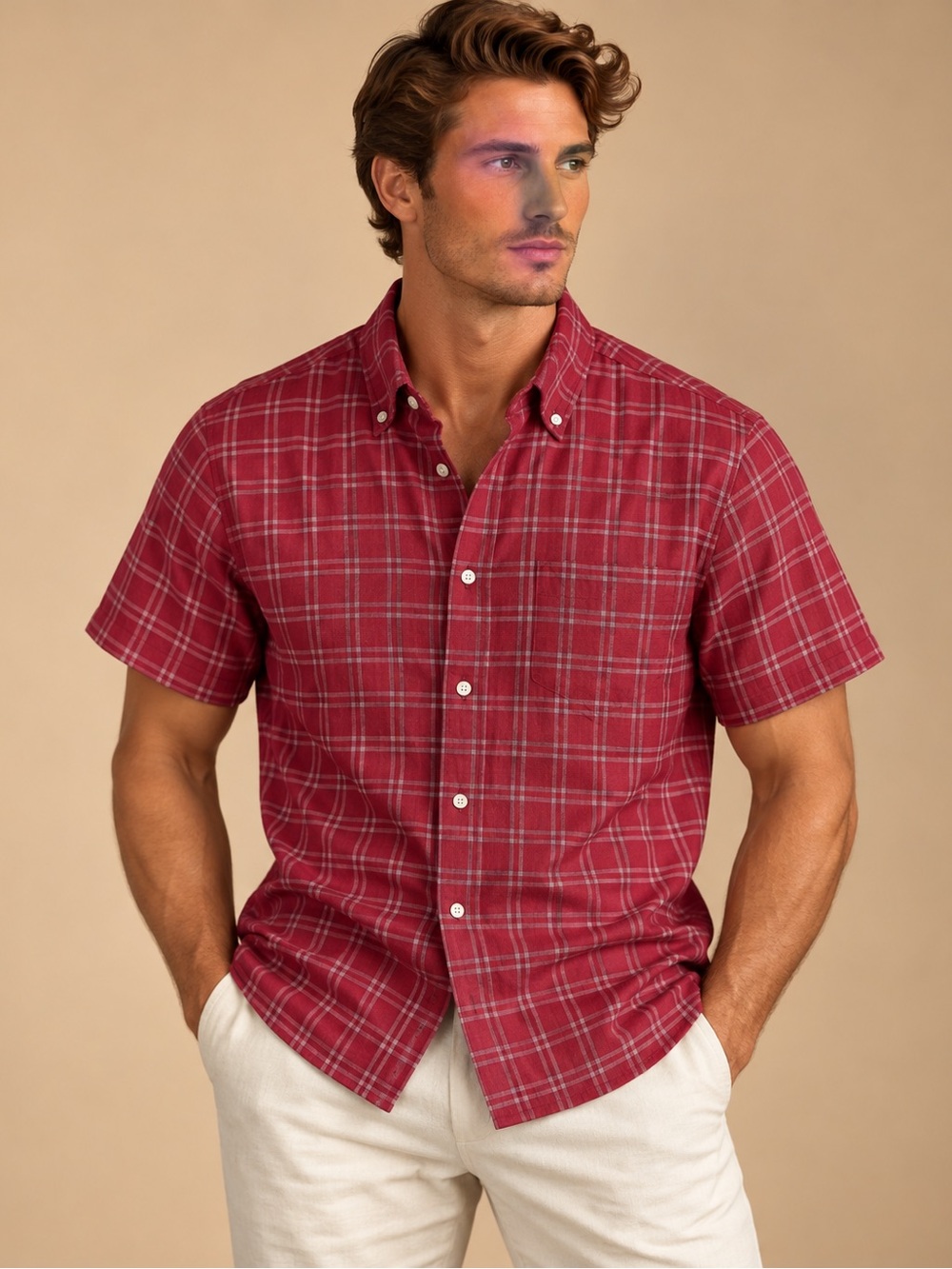 Van Heusen Red Plaid Short Sleeve Button Down Shirt Size L 16-16½